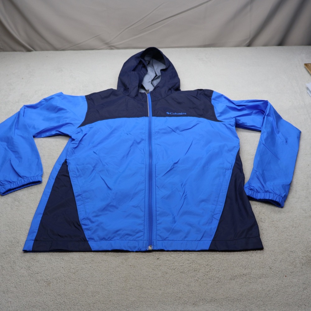Columbia Glennaker Jacket Youth XL 18/20 Blue Hooded Light Pack Wind Rain Hiking